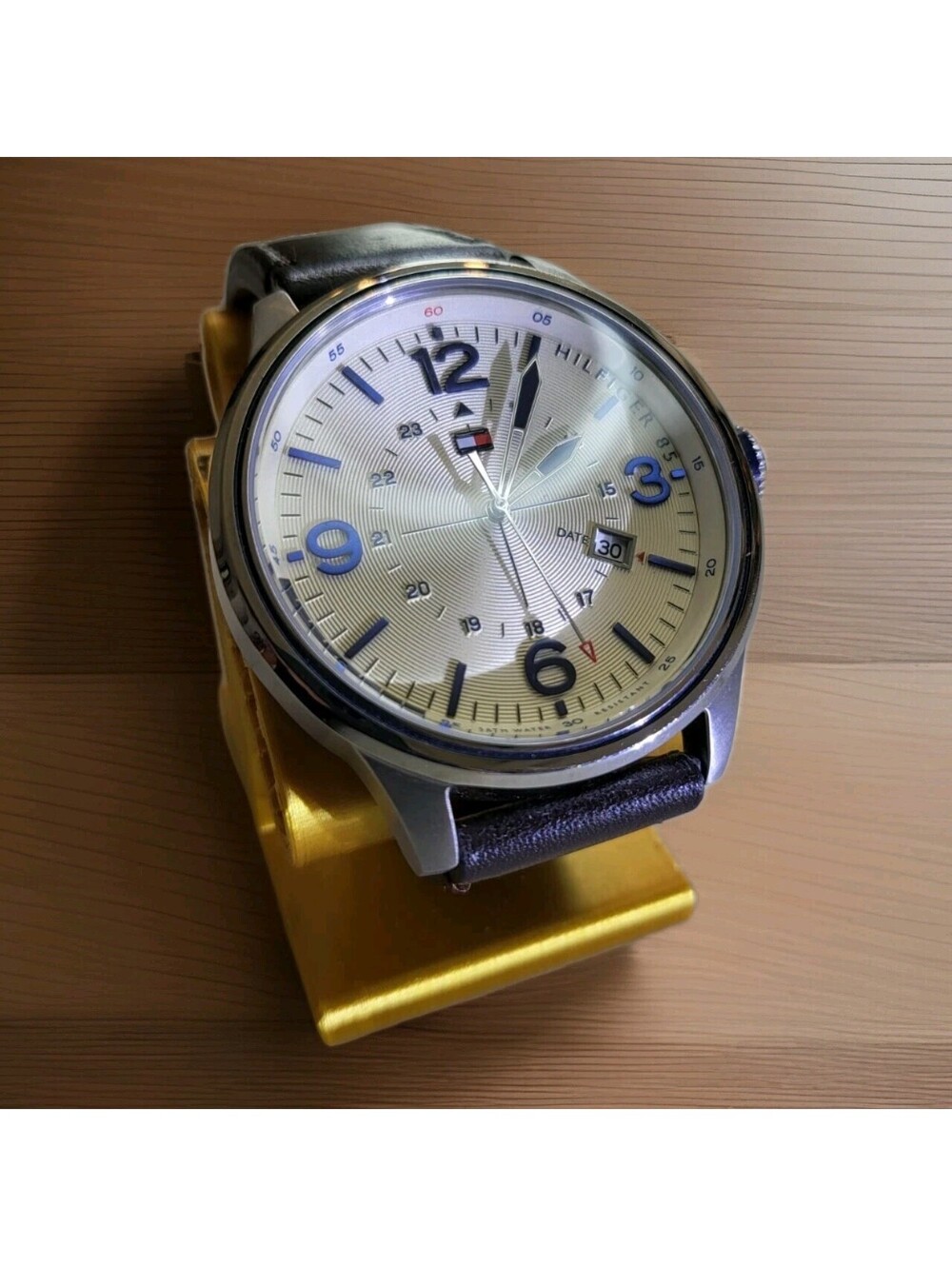 Tommy Hilfiger Cream Dial Brown Leather Men’s Watch Silver Case Date EUC Works